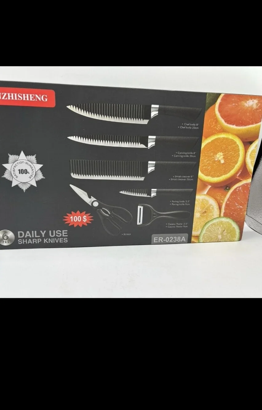 Henvo 6-piece kitchen knife set featuring embossed stainless steel blades New